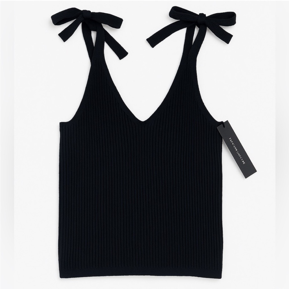 BCBG Black Ribbed Knit Top with Bow Straps